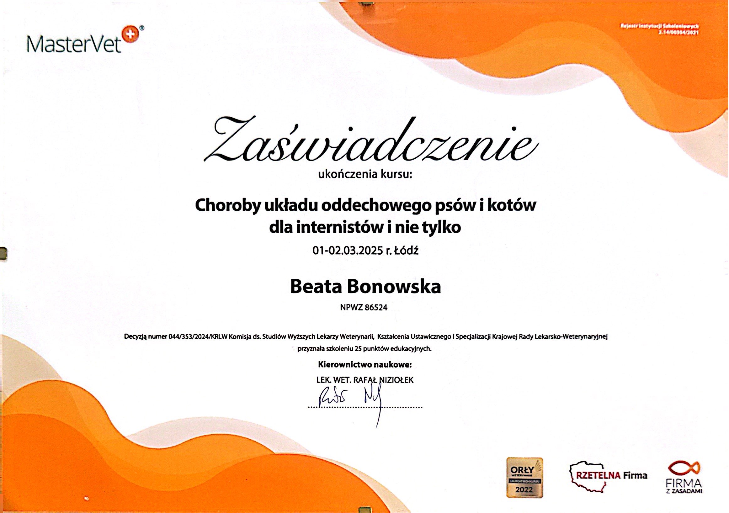 Zaswiadczenie MasterVet - Choroby ukladu oddechowego, Lodz 2025