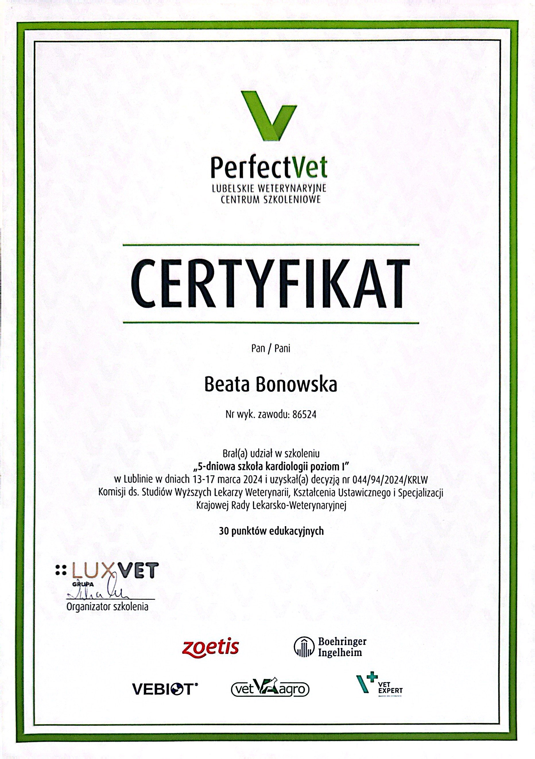 Certyfikat PerfectVet - Szkola Kardiologii poziom I, Lublin 2024