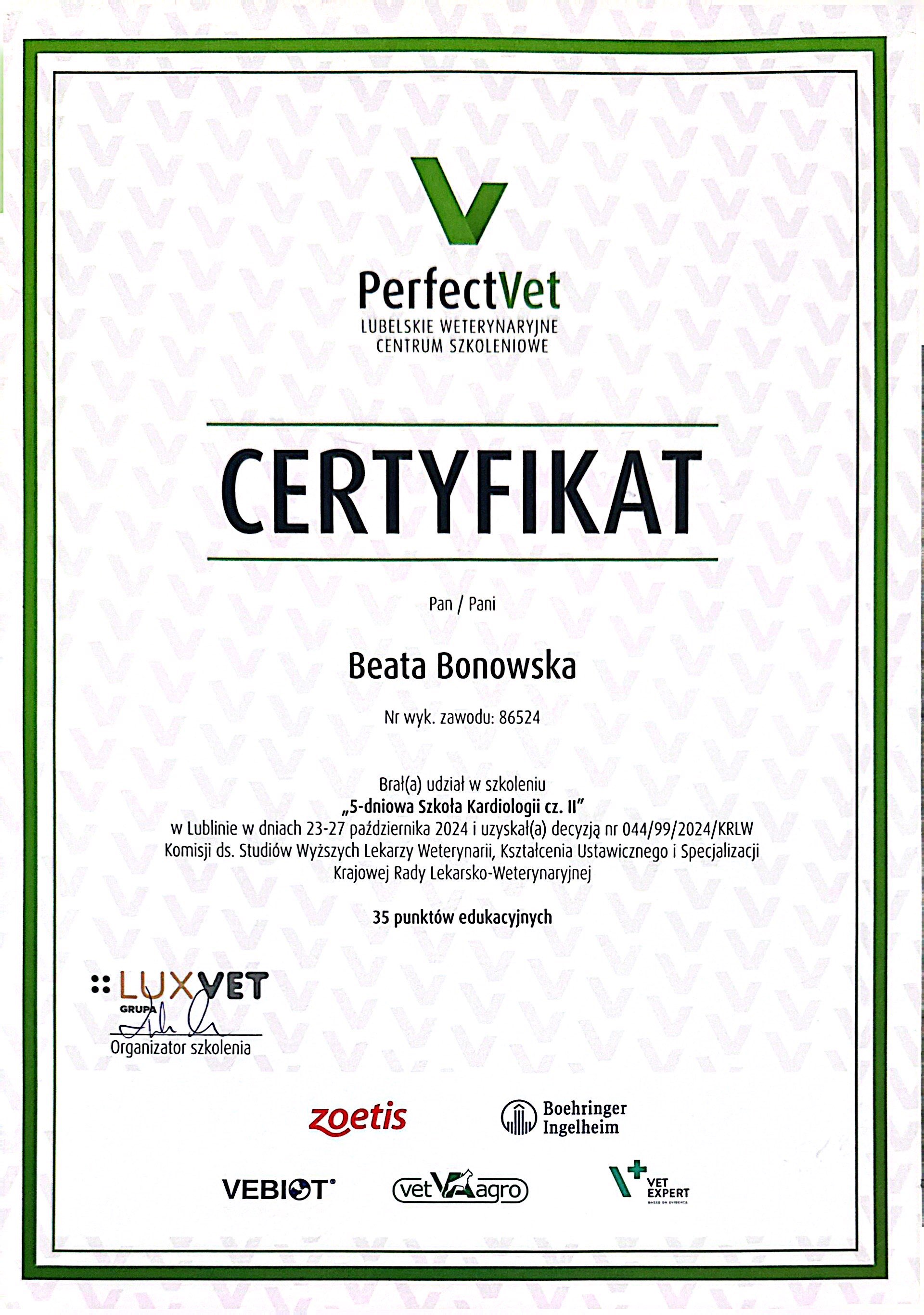 Certyfikat PerfectVet - Szkola Kardiologii cz. II, Lublin 2024