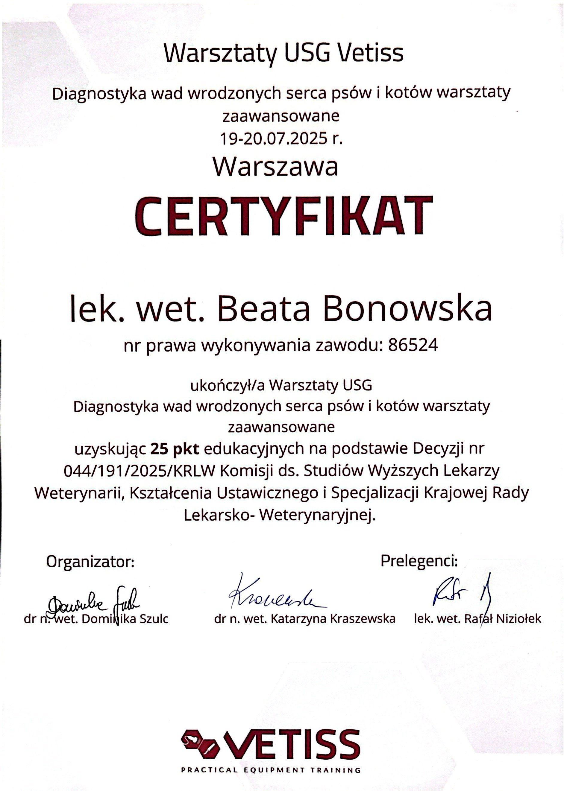 Certyfikat Vetiss - Diagnostyka wad wrodzonych serca, Warszawa 2025