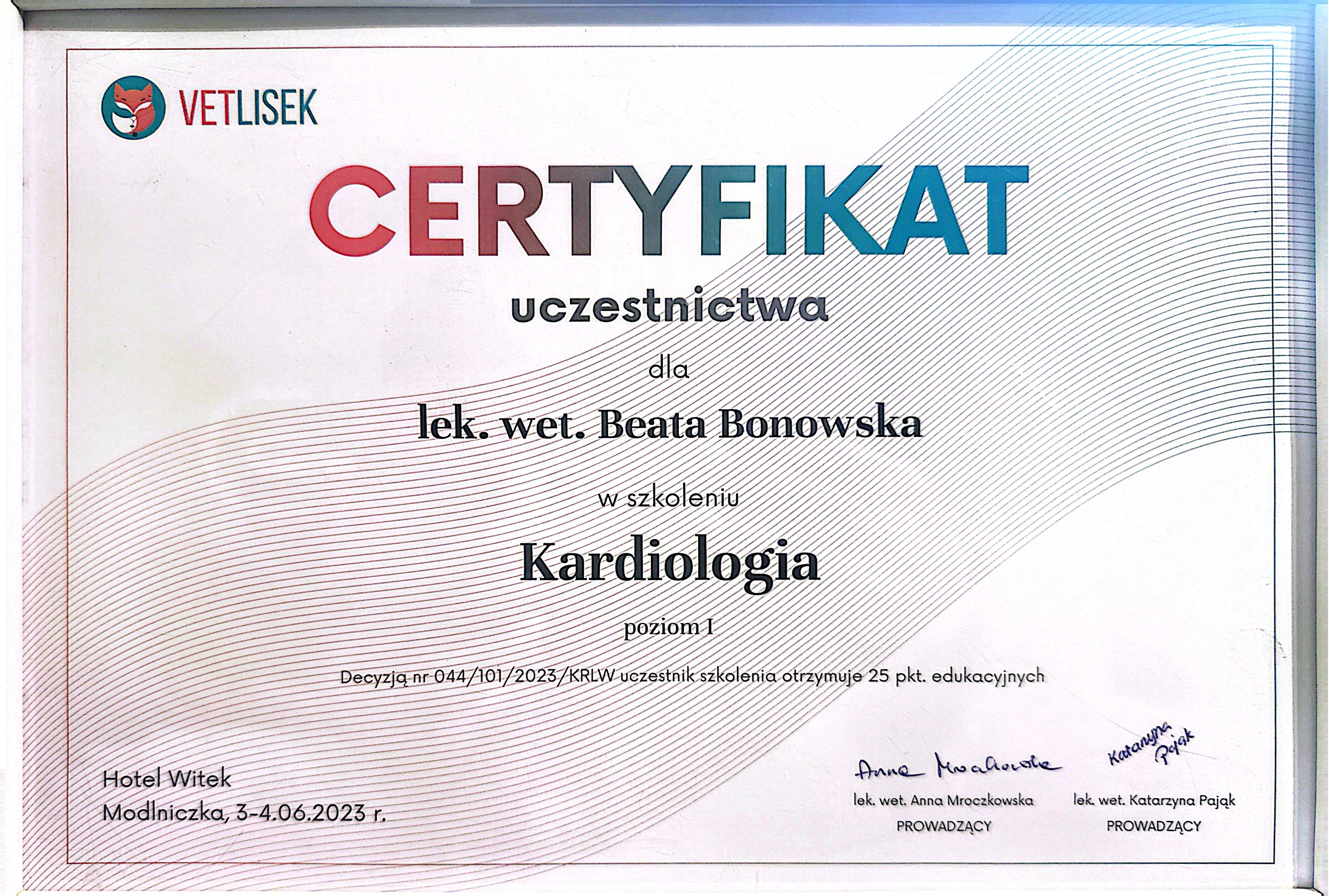 Certyfikat Vetlisek - Kardiologia poziom I, Modlniczka 2023