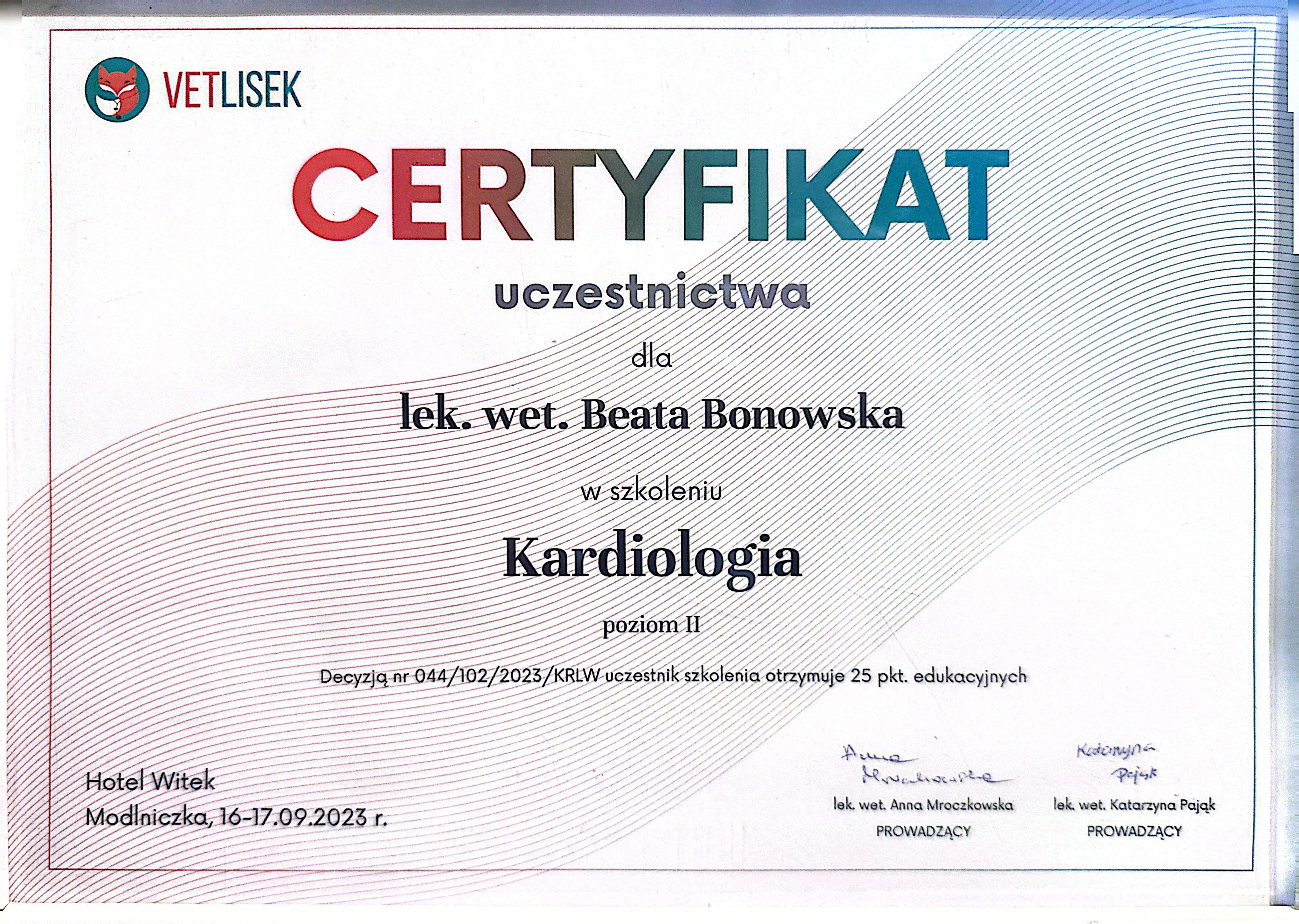 Certyfikat Vetlisek - Kardiologia poziom II, Modlniczka 2023