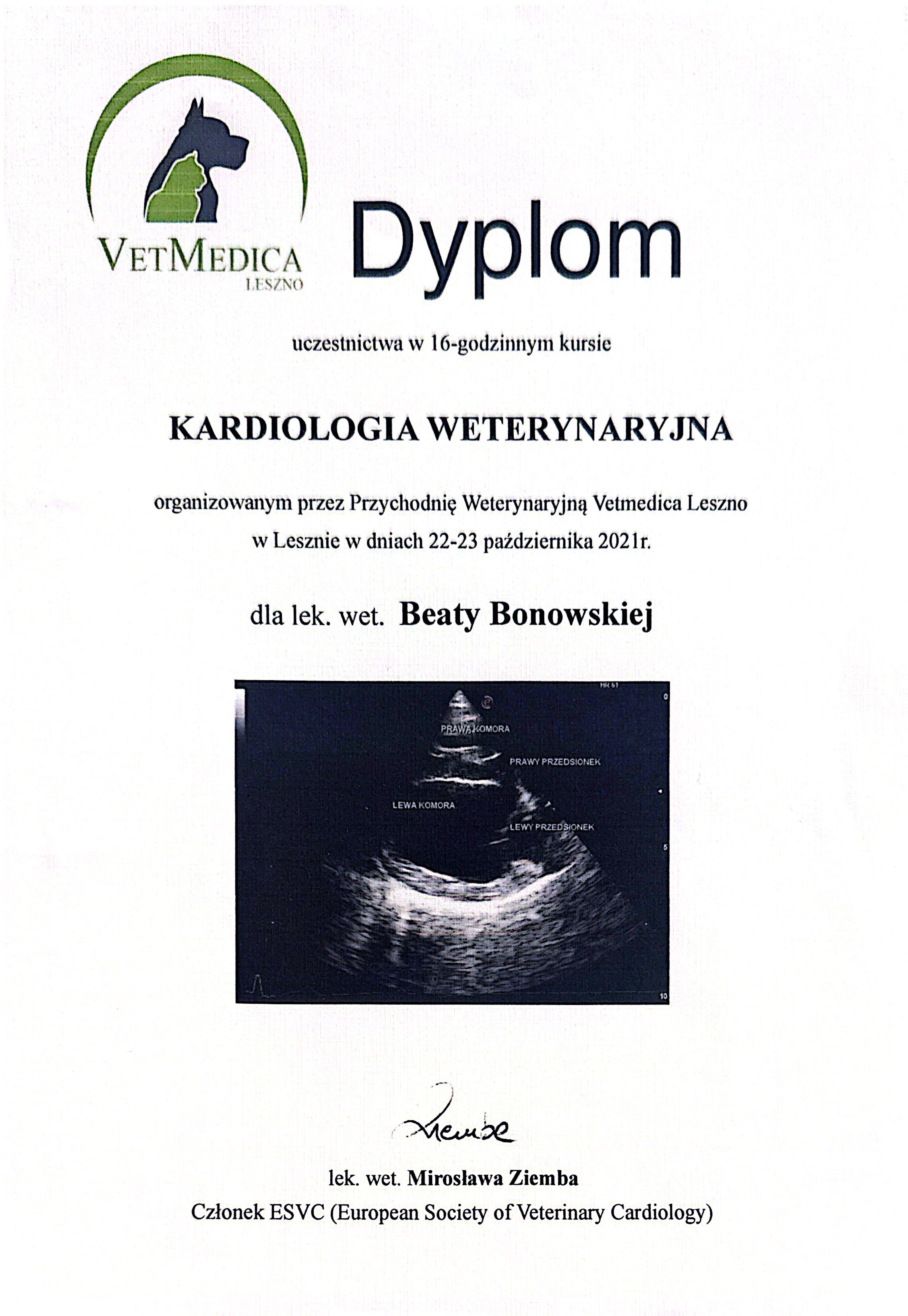 Dyplom Vetmedica - Kardiologia Weterynaryjna, Leszno 2021
